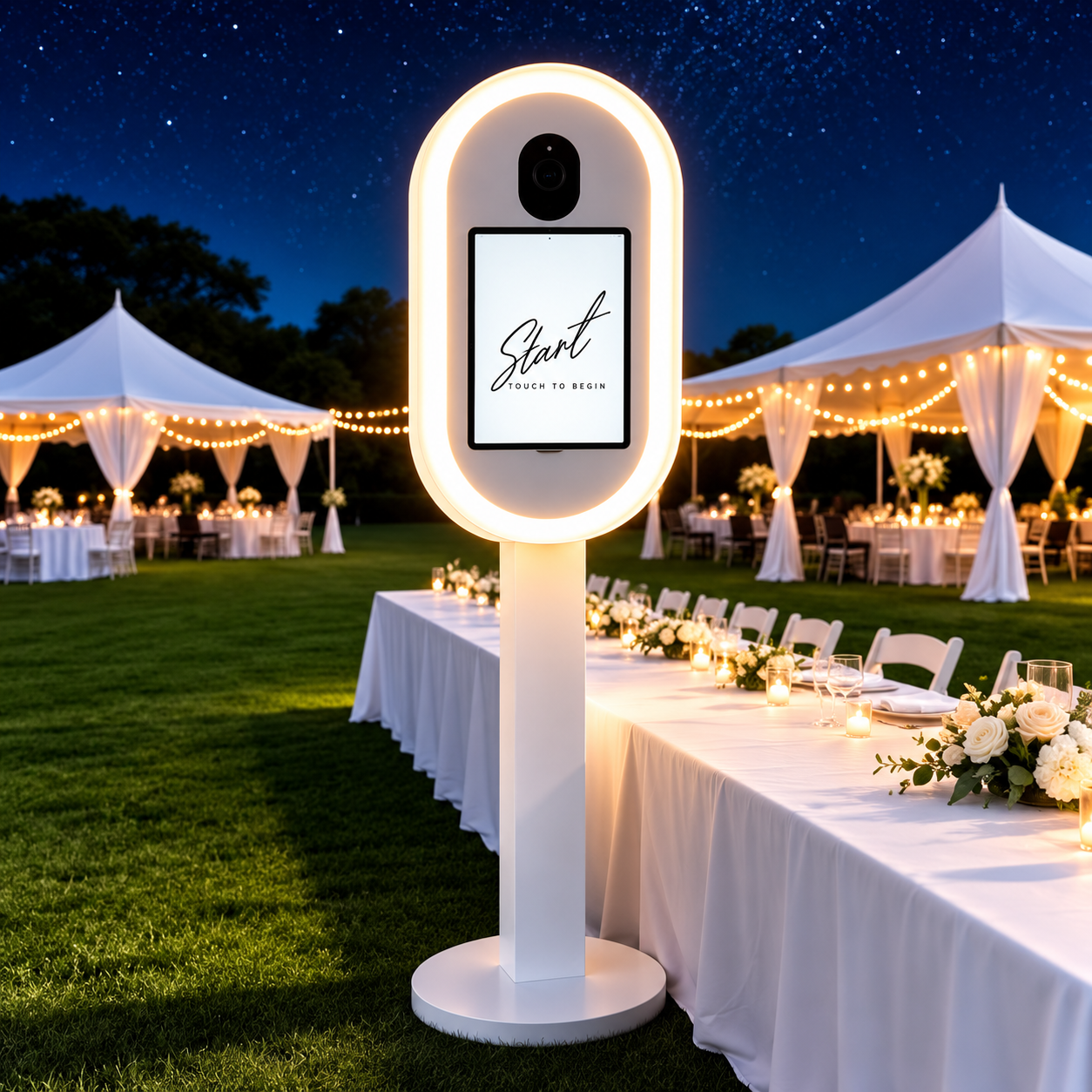 Sleek white oval photo booth glowing with a ring light at an outdoor tented evening celebration