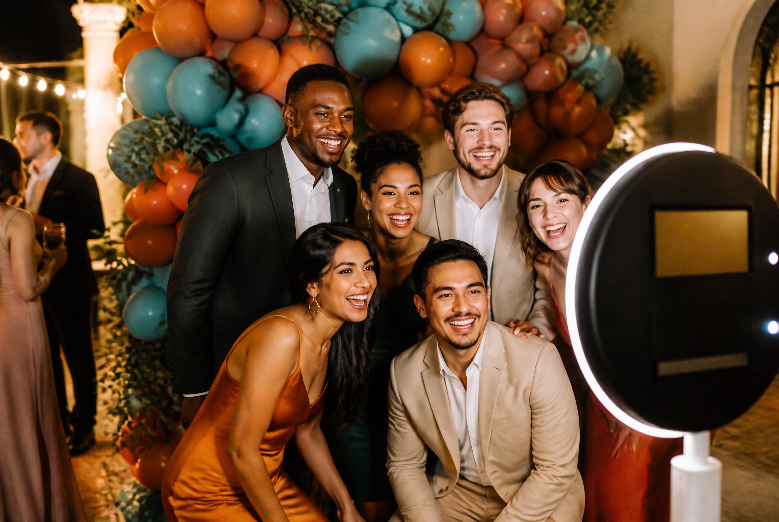 Guests of many backgrounds laughing together at an open-air photo booth in front of a balloon garland